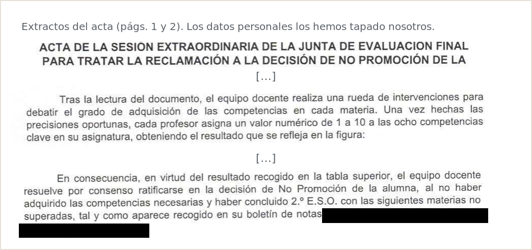 Extractos del acta de la reunión del equipo docente. Los datos personales los hemos tapado nosotros.